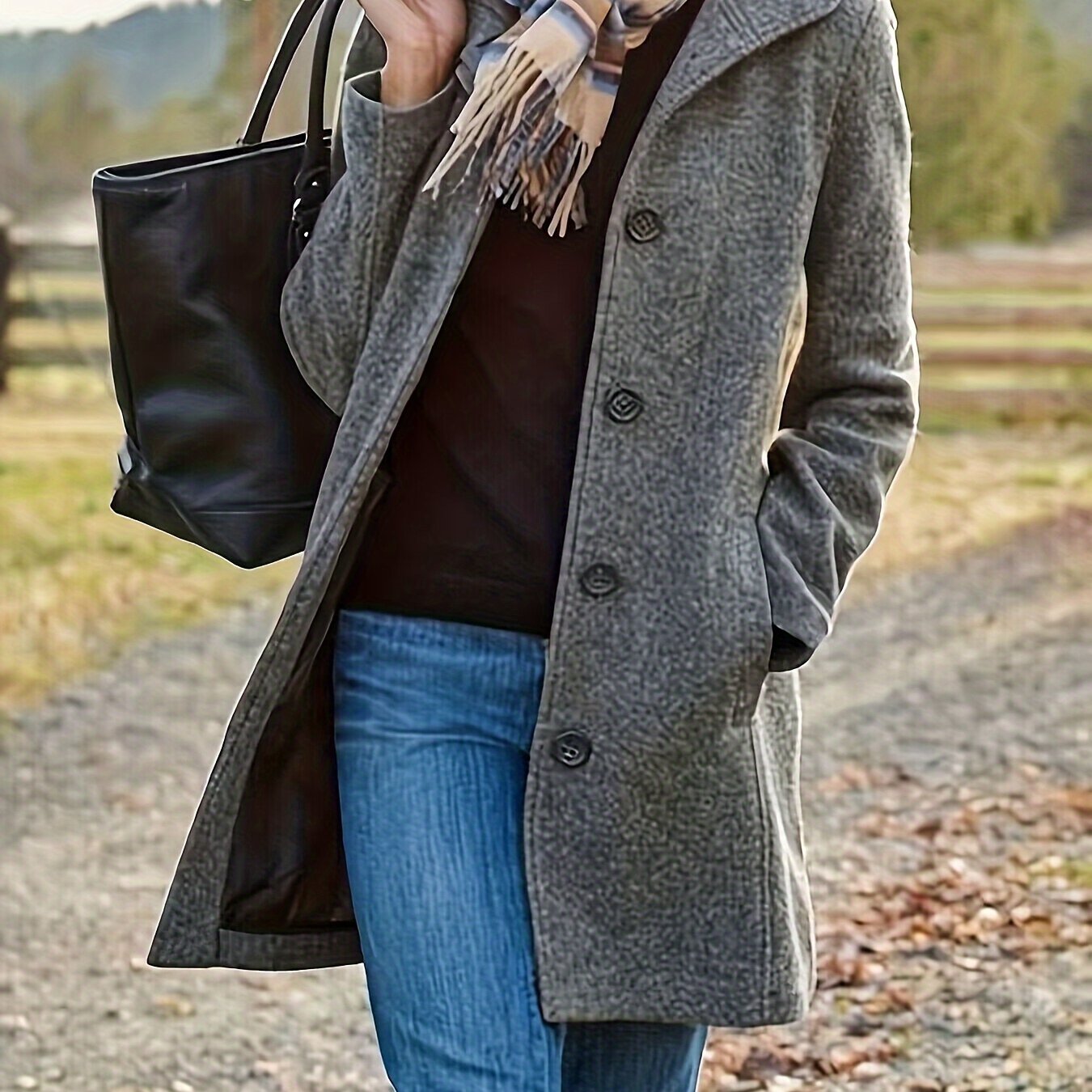 Women'S Casual Mid-Length Tweed Jacket - Solid Color Black, Long Sleeve, Button-Up Front, Regular Fit, Fall/Winter Style, Versatile for Casual or Formal Occasions, Casual Winter Wear | Buttonup Jacket | Structured Design