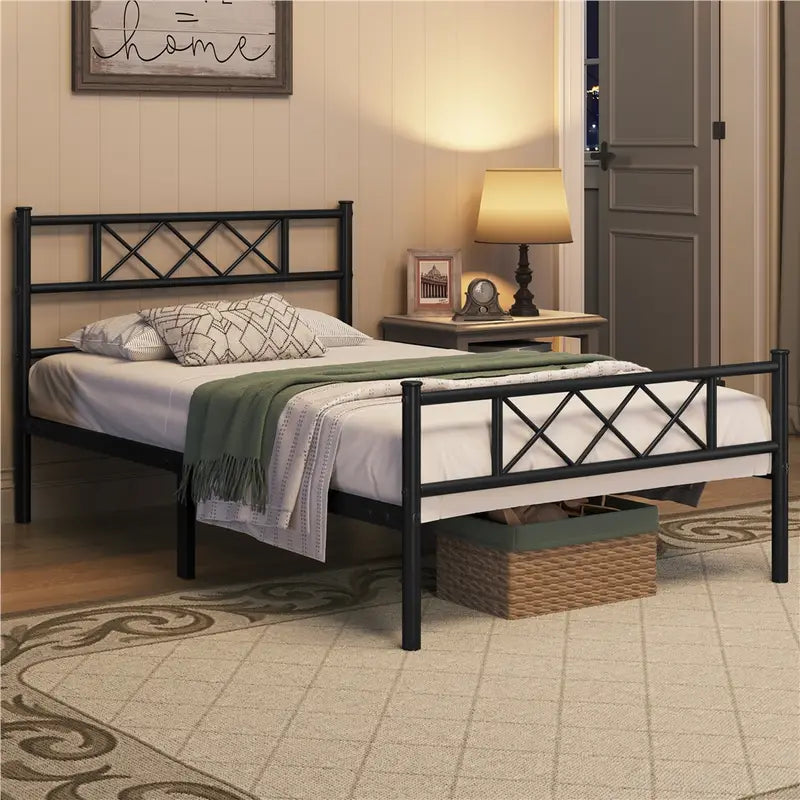Bed Frame, Metal Platform Bed with Cross-design Headboard, Bed Base, Metal Bed Frame with Footboard for Bedrooms, Guest Rooms
