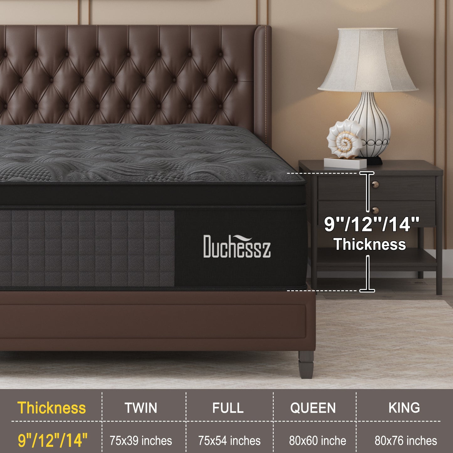 Duchessz 9/12 Inch Cooling Gel Memory Foam & Pocket Spring Hybrid Mattress - Medium Firm, Hypoallergenic, Motion Isolation, European Top Cover, Twin/Full/Queen/King Sizes, No Power Needed, In-a-Box Design