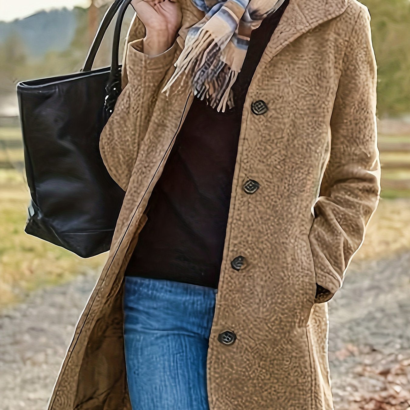 Women'S Casual Mid-Length Tweed Jacket - Solid Color Black, Long Sleeve, Button-Up Front, Regular Fit, Fall/Winter Style, Versatile for Casual or Formal Occasions, Casual Winter Wear | Buttonup Jacket | Structured Design