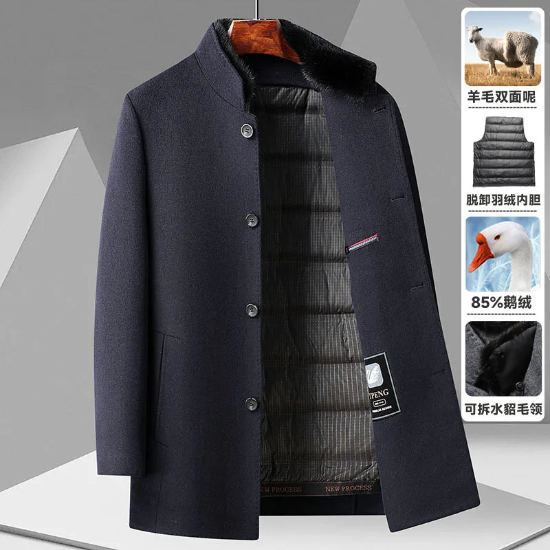 ARC Autumn and Winter Wool Coat Men's Outdoor Business Camping Trend in The Long Fashion Casual Wool Detachable Down Jacket