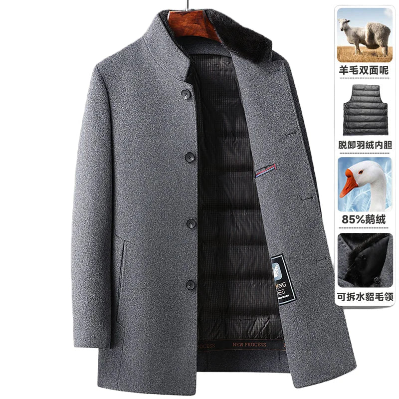 ARC Autumn and Winter Wool Coat Men's Outdoor Business Camping Trend in The Long Fashion Casual Wool Detachable Down Jacket