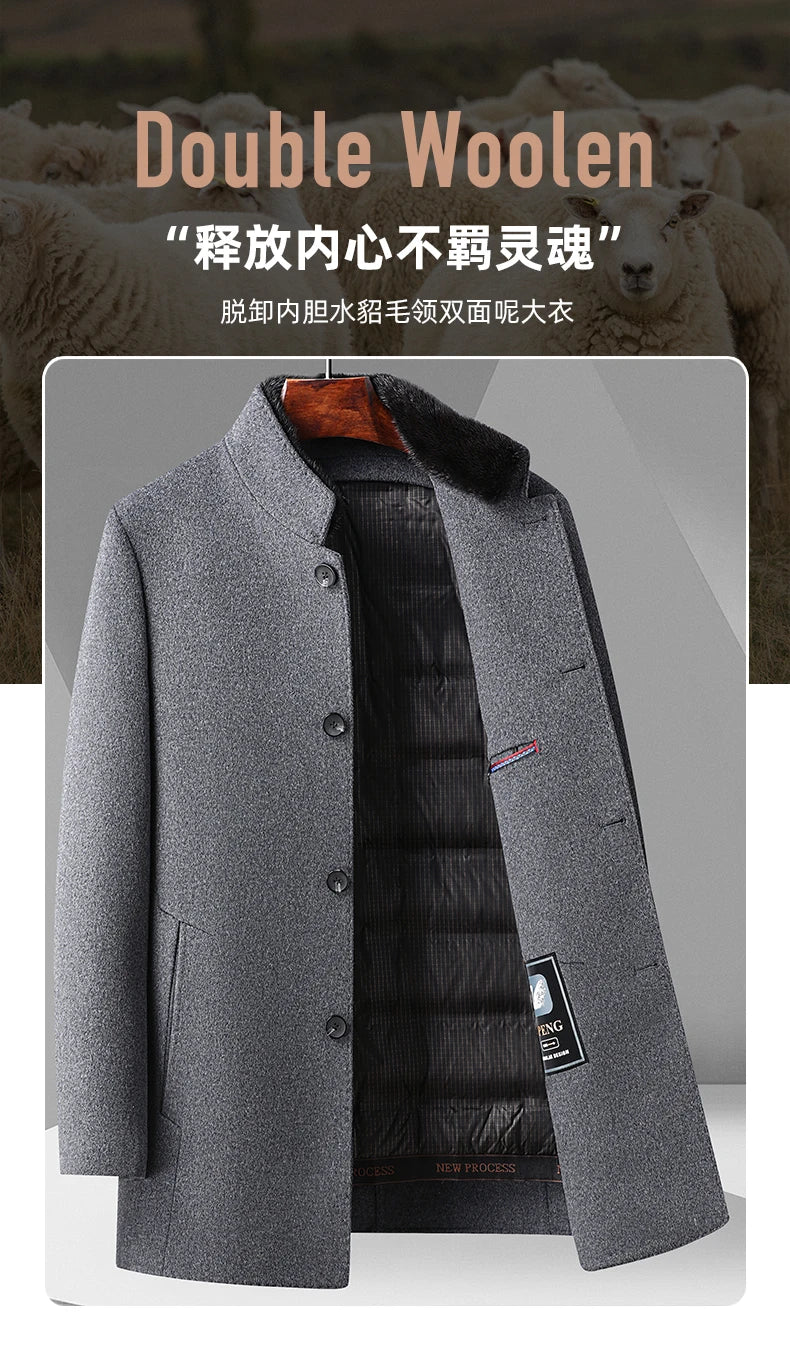 ARC Autumn and Winter Wool Coat Men's Outdoor Business Camping Trend in The Long Fashion Casual Wool Detachable Down Jacket