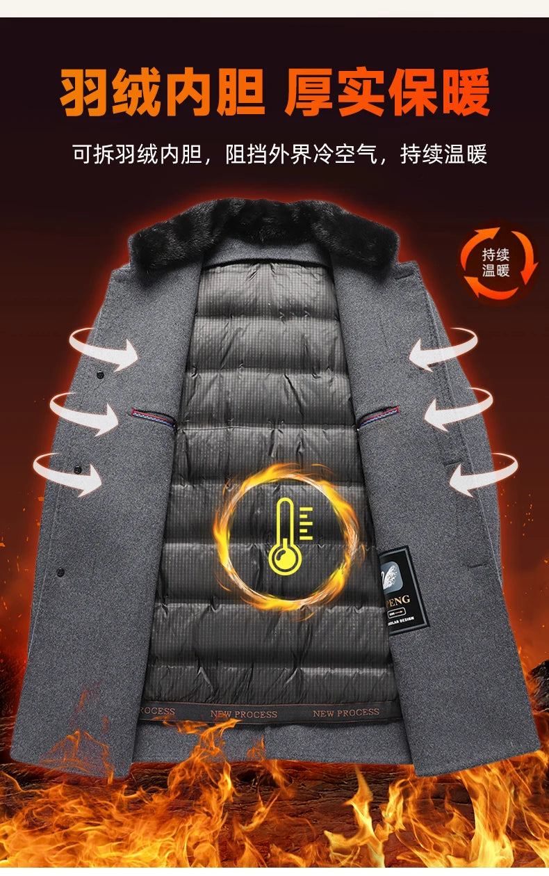 ARC Autumn and Winter Wool Coat Men's Outdoor Business Camping Trend in The Long Fashion Casual Wool Detachable Down Jacket