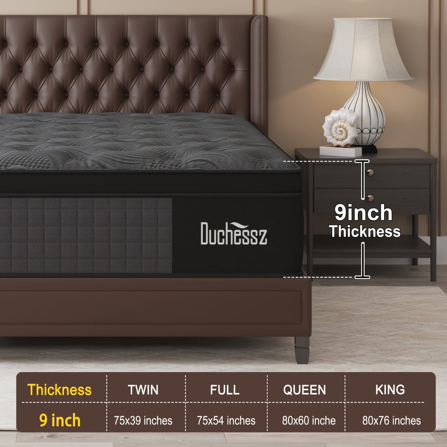 Duchessz 9/12 Inch Cooling Gel Memory Foam & Pocket Spring Hybrid Mattress - Medium Firm, Hypoallergenic, Motion Isolation, European Top Cover, Twin/Full/Queen/King Sizes, No Power Needed, In-a-Box Design